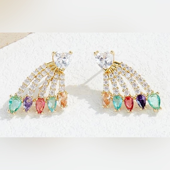 “Bursting Rainbow Heart” Multicolor Crystal Radiating Beams Gold Steel Love Stud - Picture 1 of 11